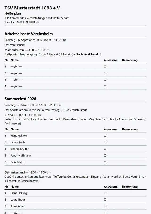 Gedruckter Helferplan: je Veranstaltung und Schicht eine Tabelle mit Nummer, Name, Kästchen für „Anwesend“ und Bemerkung; freie Plätze sind als „frei“ markiert