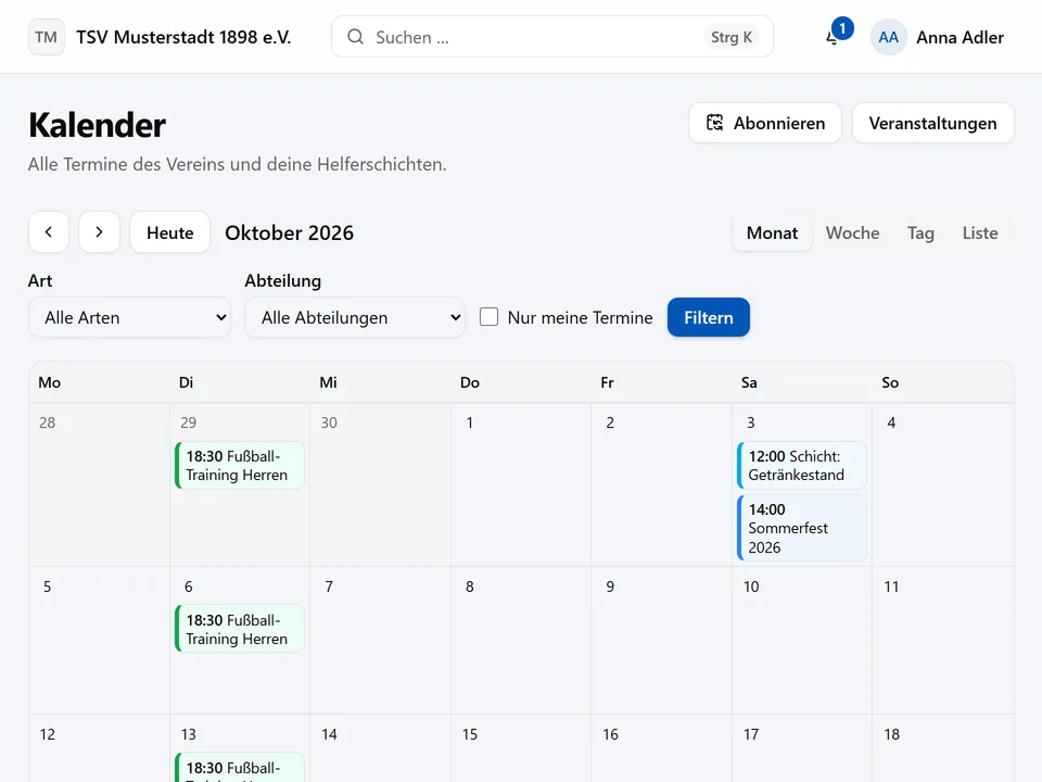 Kalender in der Monatsansicht mit Terminen, Filtern und Kalender-Abo
