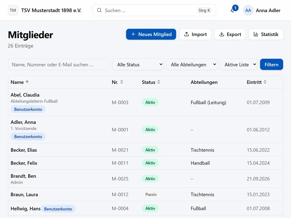 Mitgliederliste mit Suche, Filtern nach Status und Abteilung sowie Import, Export und Statistik