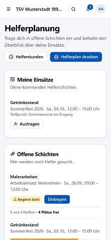 Helferplanung auf dem Smartphone: eigene Einsätze und offene Schichten zum Eintragen