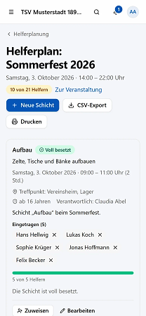 Helferplan auf dem Smartphone: Die Schicht „Aufbau“ ist voll besetzt, fünf Helfer sind eingetragen