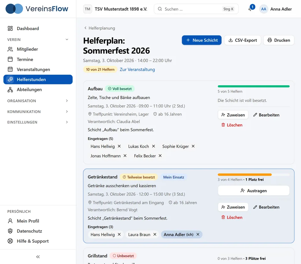 Helferplan zum Sommerfest: Schichten mit Ampelstatus, Fortschrittsbalken und eingetragenen Helfern