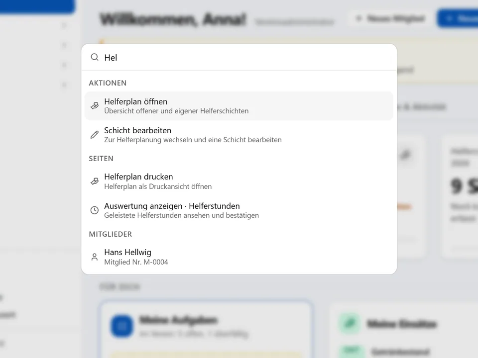 Geöffnete zentrale Suche mit dem Begriff „Hel“: Treffer als Aktionen (Helferplan öffnen, Schicht bearbeiten), Seiten (Helferplan drucken, Helferstunden) und Mitglieder